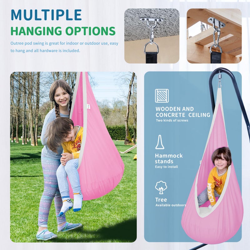 OUTREE كرسي تأرجح الأطفال OUTREE، أرجوحة قطنية للأطفال، أرجوحة حسية للاستخدام الداخلي والخارجي، وردي - Image 4